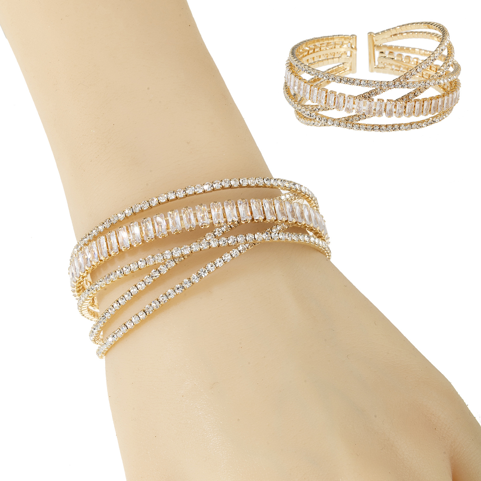 Wholesale of classic 5-row zircon cross bracelets from Europe and America for women's wedding banquets, versatile elastic open-mouth jewelry full figure
