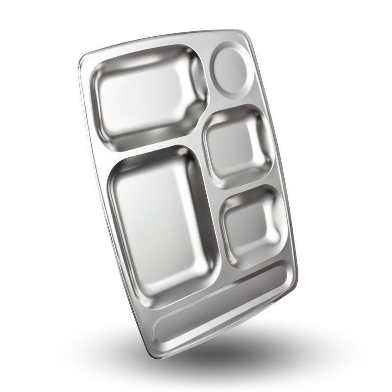 Zhenlong 05 thick stainless steel fast food plate, six-compartment rectangular, canteen, school, factory lunch plate, compartment-divided lunch box details Picture