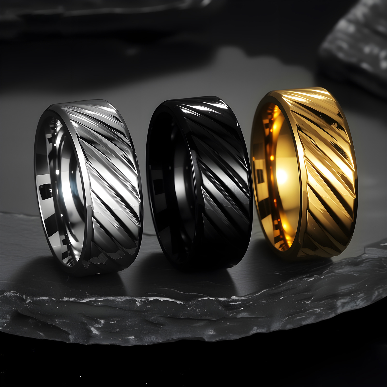 Original design of new European and American titanium steel men's rings with diagonal patterns and simple jewelry. Cross-border source manufacturer of jewelry wholesale Application Scenario