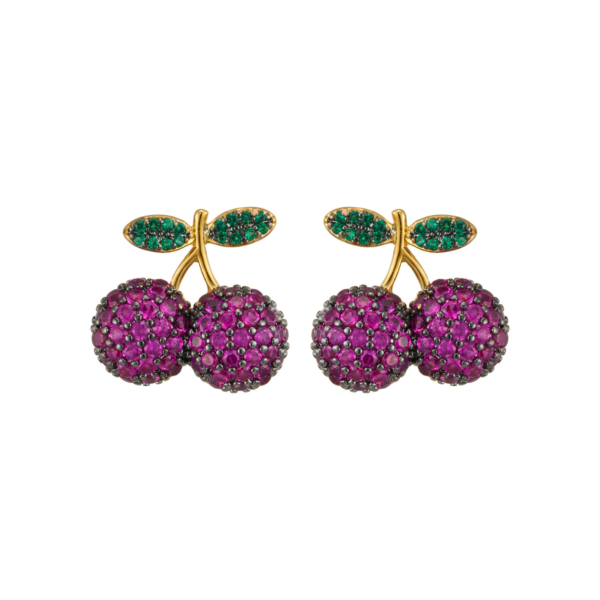 The source factory Heavy industry's three-dimensional cherry ear studs are made of copper alloy with two-color gold plating and micro-inlaid zirconium s925 silver needle earrings Item Picture