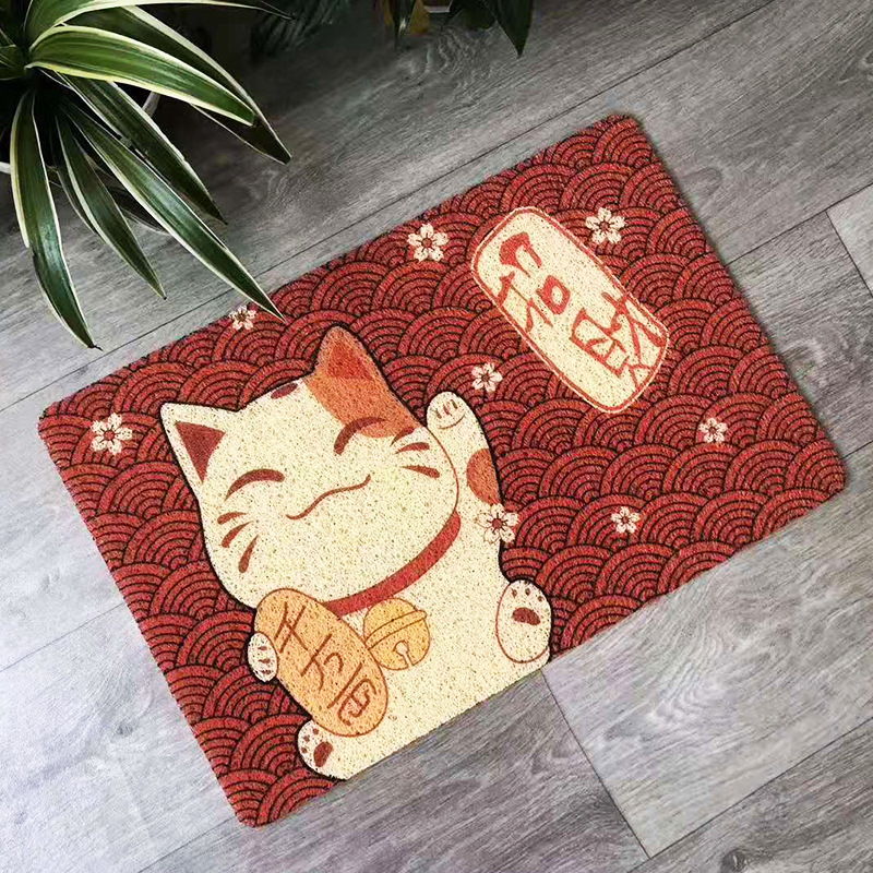 跨境批发可爱招财猫丝圈地垫耐磨进门垫家用防滑淋浴卫生间脚垫