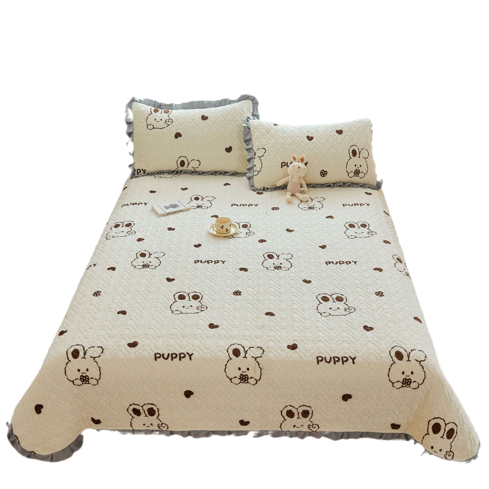 新款加厚牛奶绒夹棉床盖三件套防滑炕垫花边绗缝榻榻米床单盖毯白底实物图