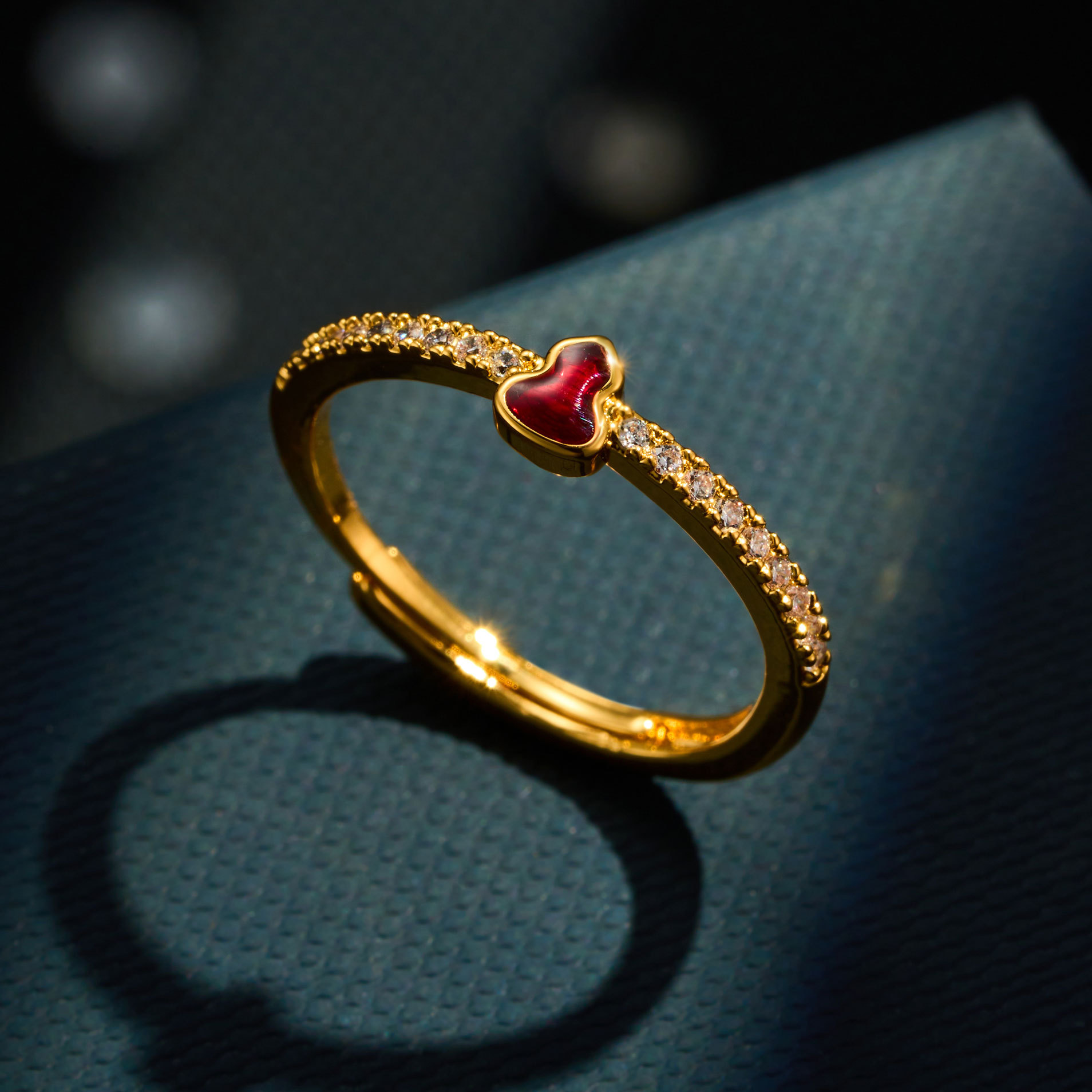 New Chinese-style red gourd open ring, copper alloy, real gold electroplated, slightly inlaid zircon enamel, oil drip adjustable ring