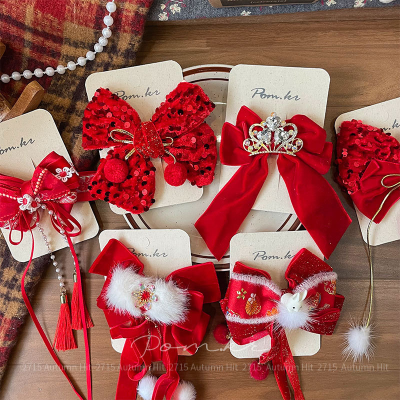 New Korean-style red bow hair clip, tassel, children's fabric, side fringed bangs clip, sweet handcrafted clip, red bow hair clip, ball pearl crown, sequined style, festive and delicate decorative hair accessory for girls details Picture