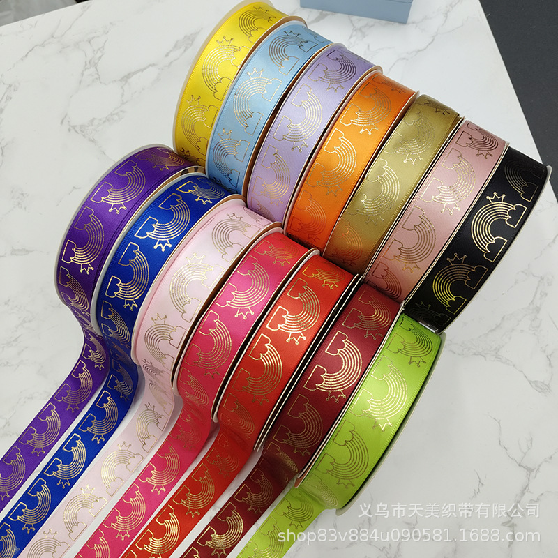 爆款烫金镭射蝴蝶结DIY丝带2.5CM新款彩虹丝带吧唧托礼品包装丝带
