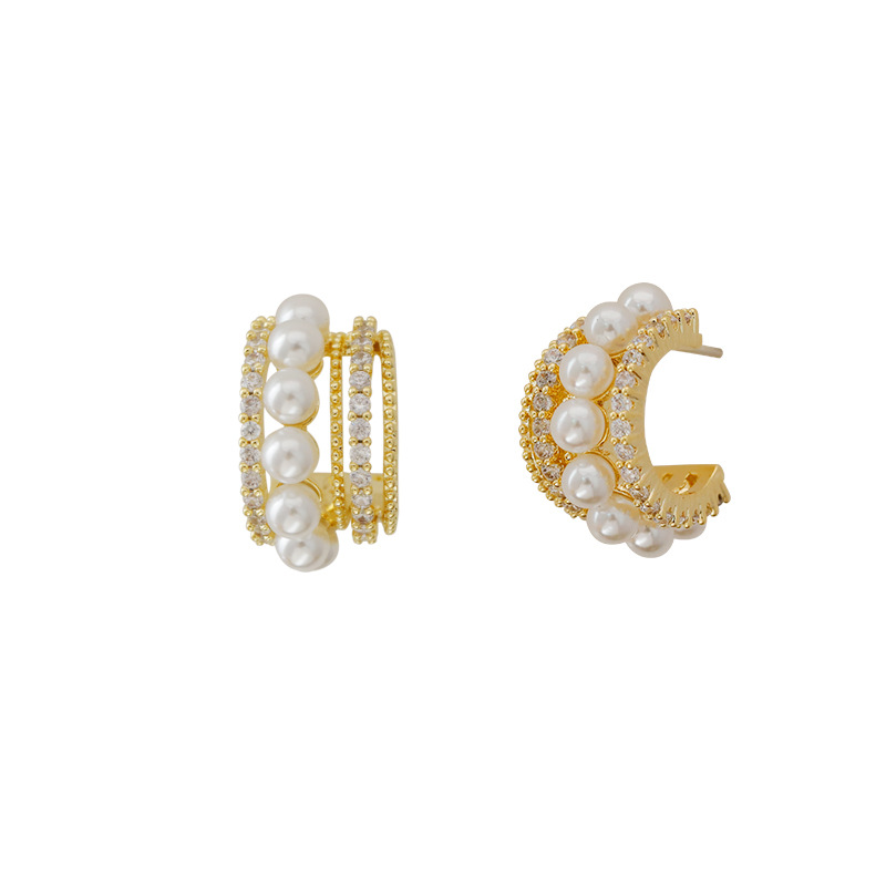 Tipo HyacinthC aretes de perlas coreanos micro circonitas pendientes de medio anillo francés temperamento vintage versátil personalidad pequeña fragancia mujer Item Picture