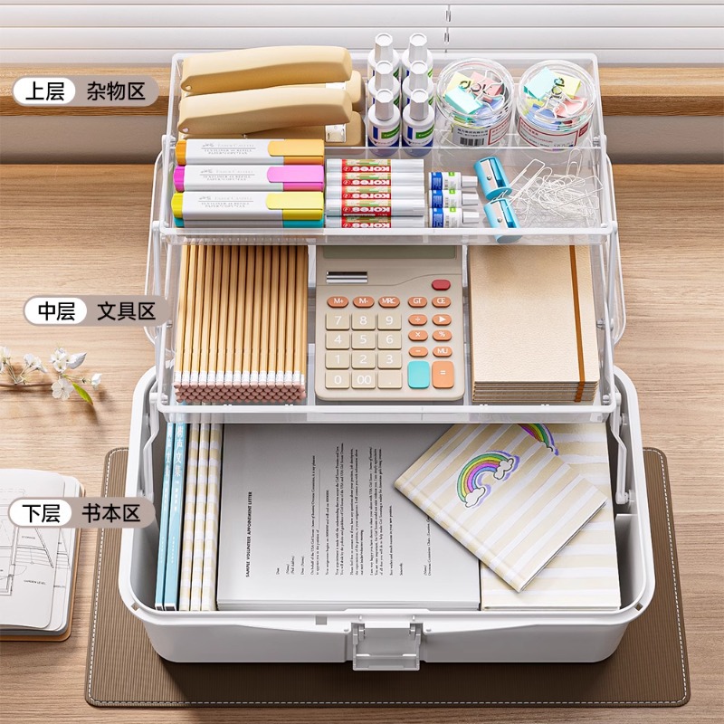 Stationery organization, art tools, transparent three-layer folding portable desktop, paintbrush, paint, calligraphy storage box, storage box details Picture