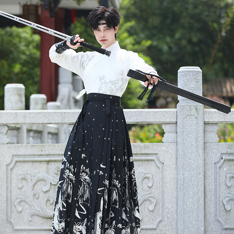 New Chinese-style men's Chinese-style embroidered cross-neck top, silver embossed horse face skirt, Hanfu, ancient style martial arts style couple's set Application Scenario