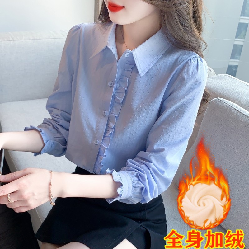 New women's fleece and thickened pure cotton shirt for autumn and winter 2025, stylish all-cotton polo collar warm top for women Specification image