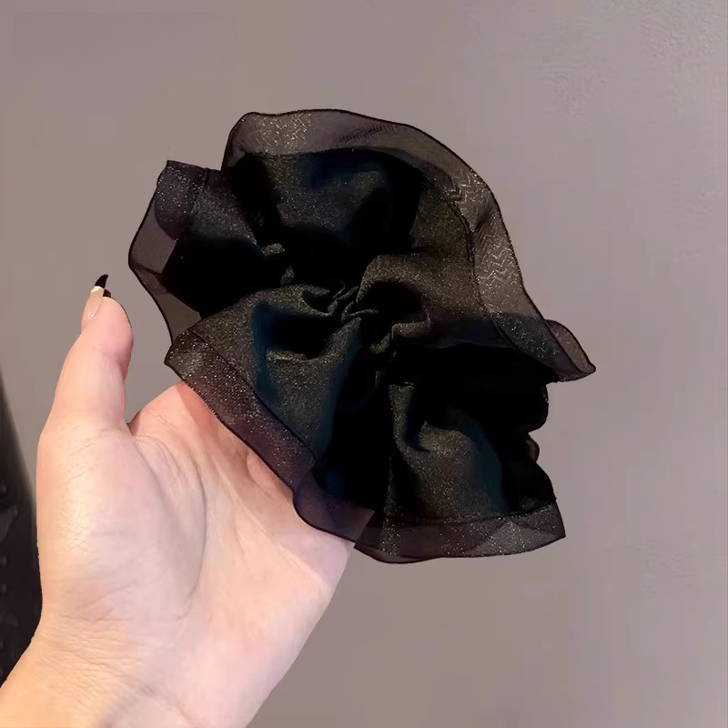 French laid-back style black ear-trimmed large intestine hair band, versatile hair tie, hair flower, black ponytail hair tie, high-end headwear Item Picture