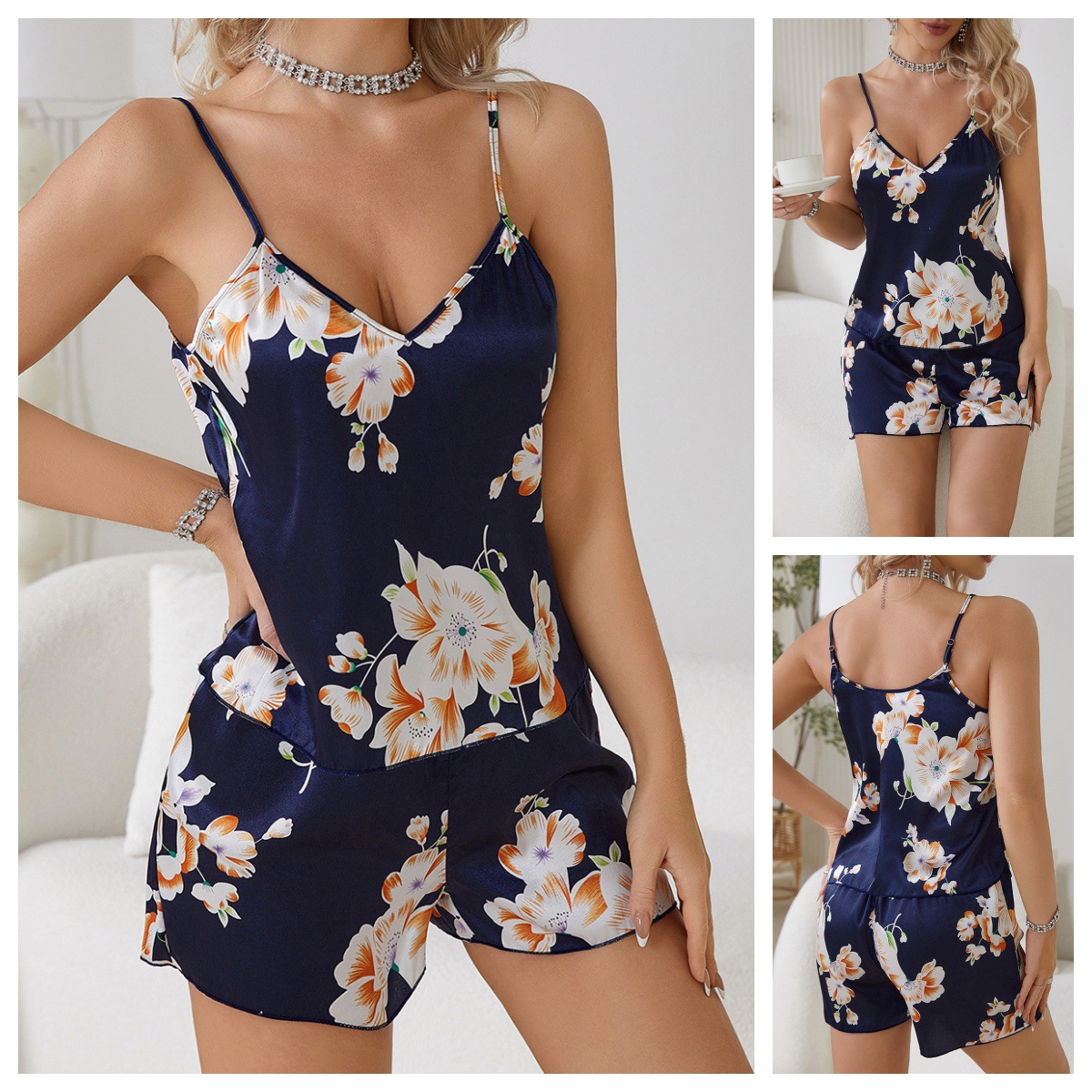 Feiyun Cross-border Sexy Floral Print Pajama Set Women's Satin halter Shorts Two-piece Home Wear 649