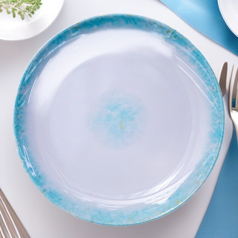 Custom-made melamine high-end imitation porcelain tableware, round plates, deep plates, commercial plates for restaurants and hotels, blue plastic plates full figure