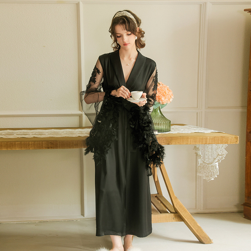 Long fur decorated satin bathrobe, lace patchwork long-sleeved tie bathrobe, women's light luxury home wear 847 details Picture