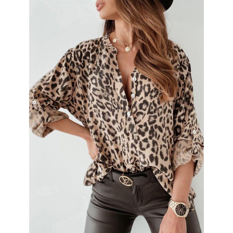 In-stock European and American cross-border trade spring and autumn printed women's shirts, long-sleeved leopard print single-breasted cardigan, loose shirts for women Specification drawing