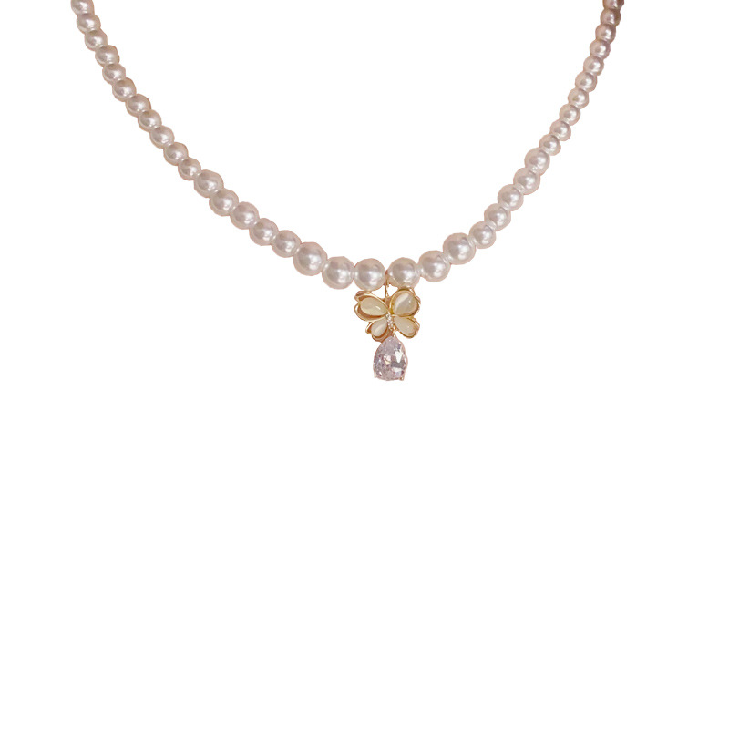 French fashion cat's eye stone butterfly teardrop-shaped pendant pearl necklace, girlish, sweet and high-end collarbone chain Item Picture