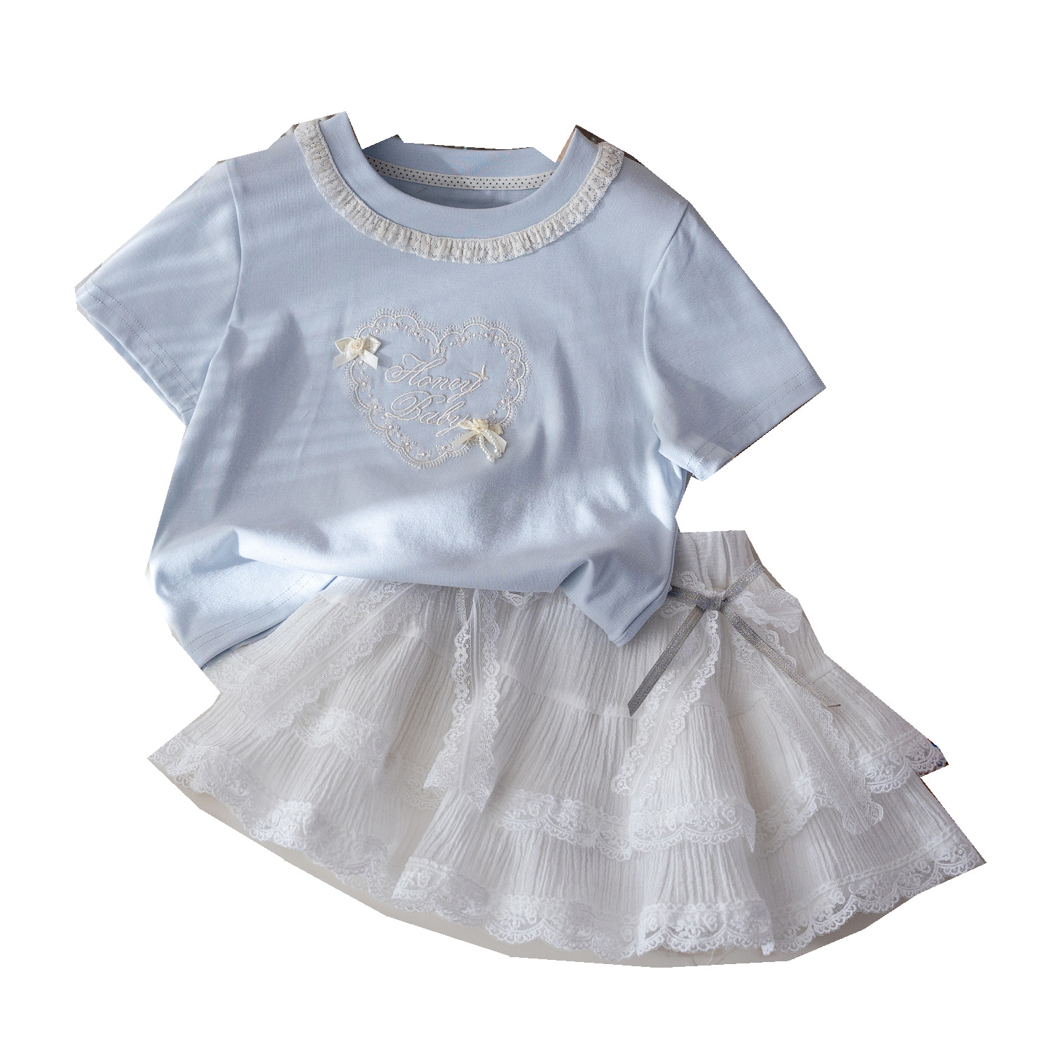 Summer 2026 new Lace lace heavy embroidery short-sleeved T-shirt and stylish short skirt two-piece set for girls Item Picture