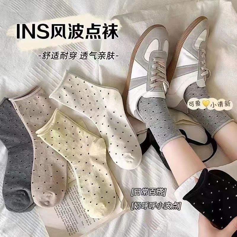 Rolled-up polka dot socks for women, mid-calf socks for spring and summer, Japanese style, student and girl style, school style, versatile, pile socks