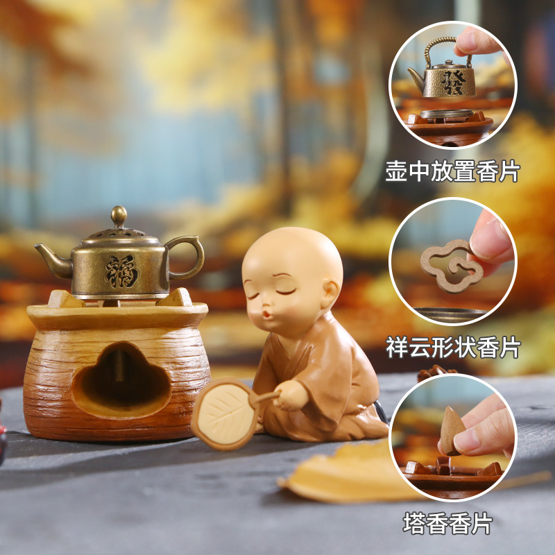 Little Monk's incense burner decoration, home table decoration, resin handicrafts, retro Zen style little monk decoration Application Scenario