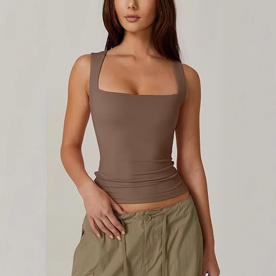 2025 European and American women's clothing Amazon short-sleeved street girl fashion square neck basic slimming sleeveless vest base Specification drawing