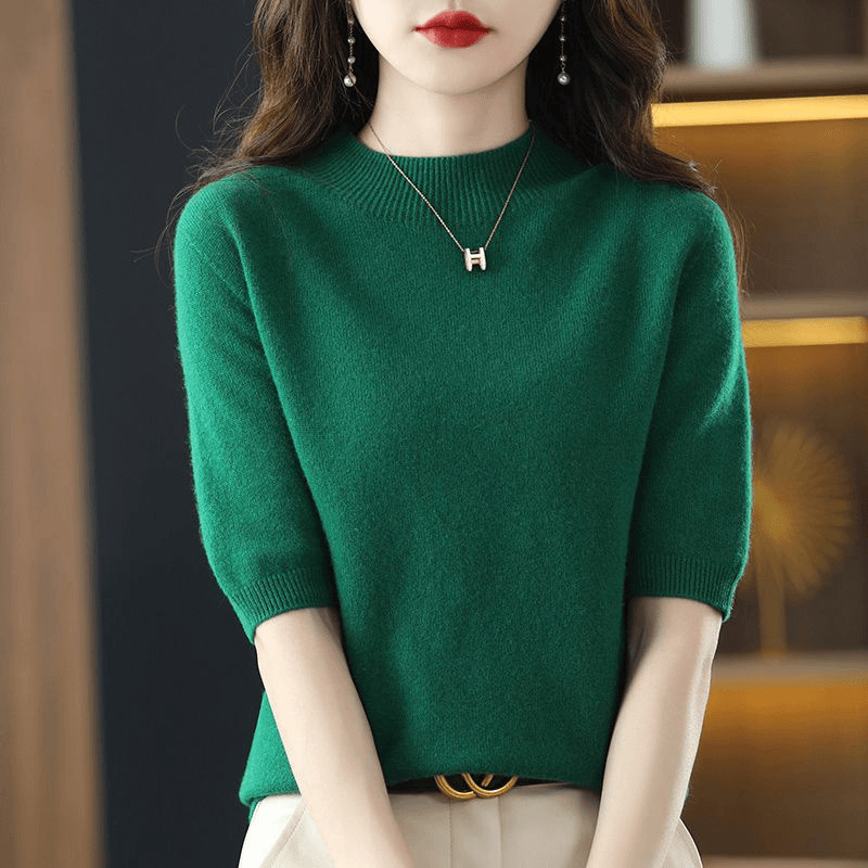 A semi-high-neck casual knitted sweater for women in spring 2023, in a solid color, paired with a half-sleeved base layer sweater T-shirt Specification image