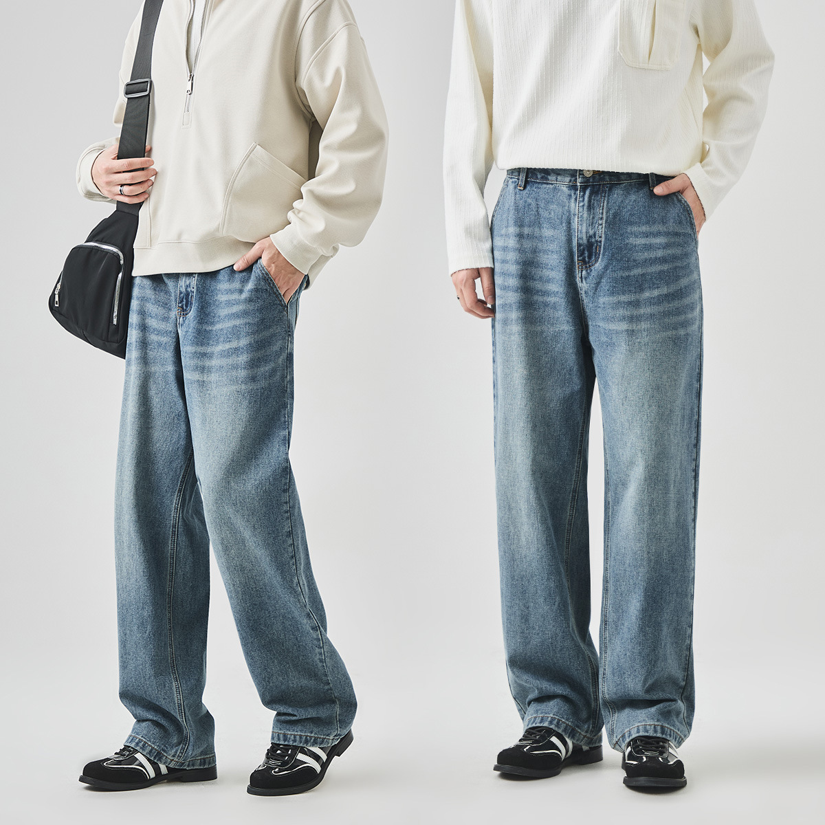 APO Men's Wear: Cross-border washed jeans for men, autumn American high street fashion brand, stylish and versatile loose straight-leg trousers Specification image