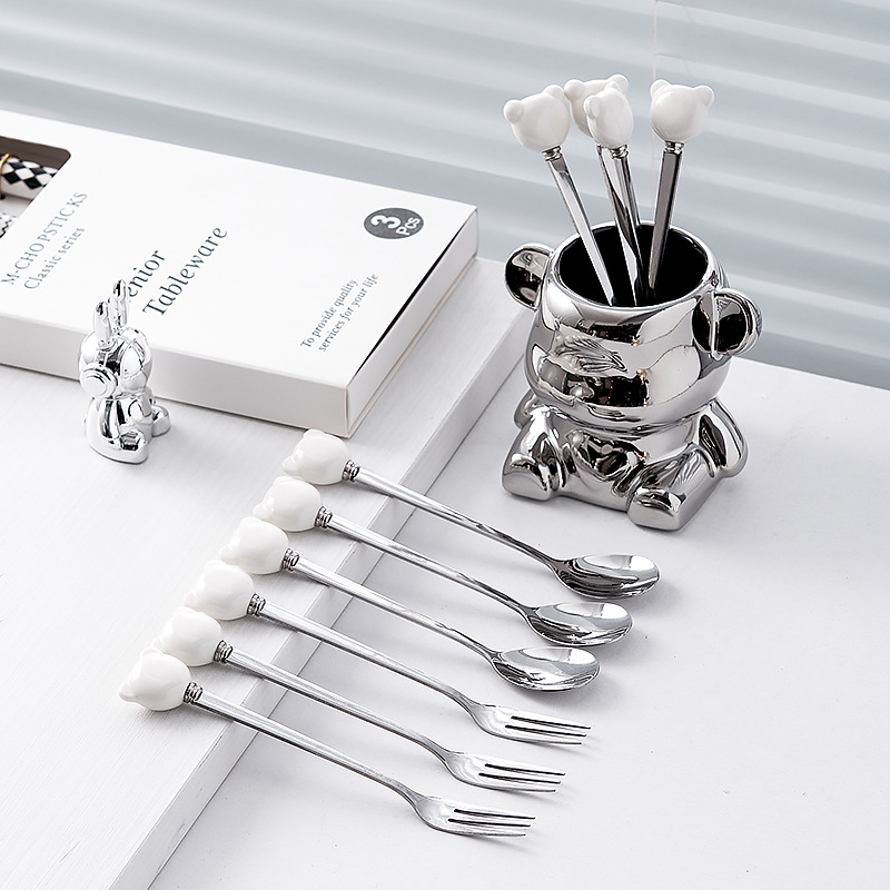 Ceramic Bear stainless steel fruit fork set, high appearance level fruit skewers, household light luxury forks and spoons, fruit forks wholesale Application Scenario