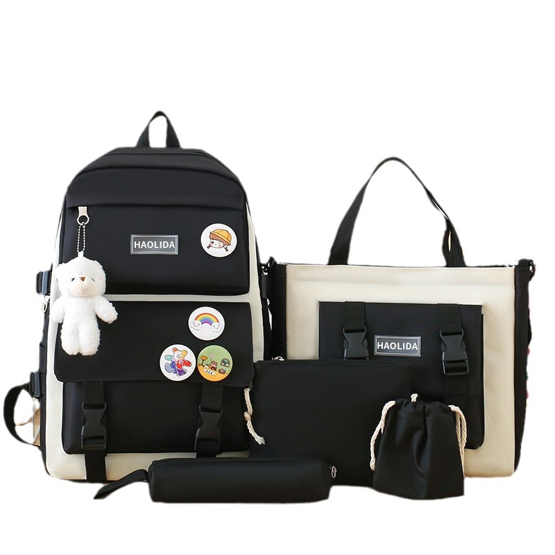 Wholesale of four-piece backpacks, large-capacity five-piece backpacks with LOGO printing, Korean version Harajuku style set, student schoolbags Item Picture