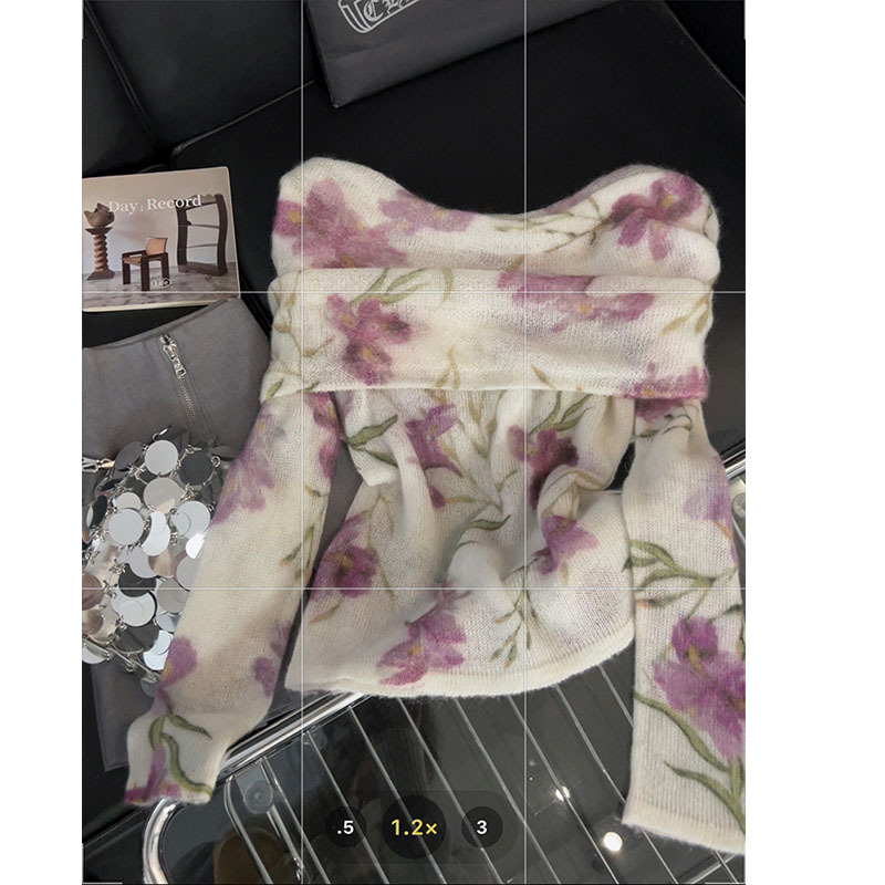 One-shoulder printed knitted sweater for women, French style, sweet and spicy spring new soft, off-the-shoulder, versatile base layer Specification image