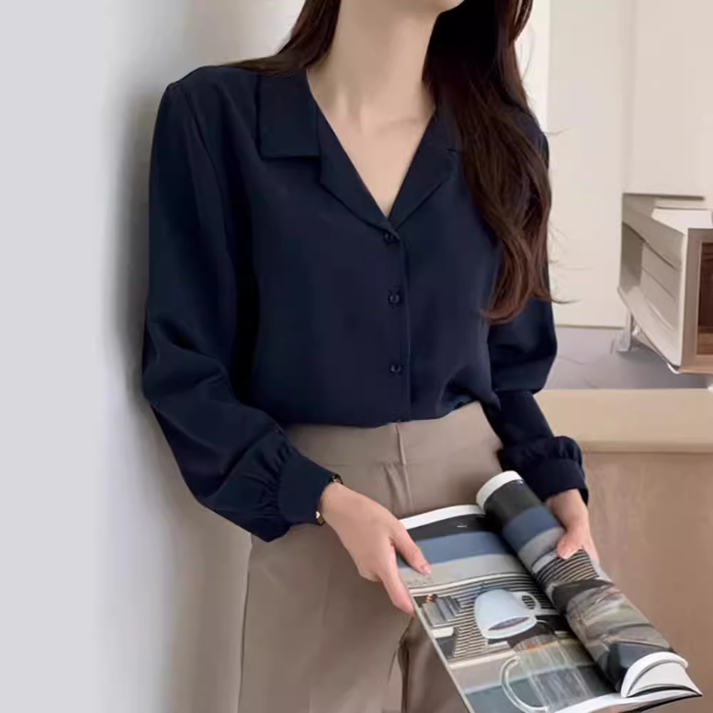 Korean chic2025 Spring/Summer simple solid color elegant suit collar chiffon shirt, French gentle long-sleeved shirt for women Specification image