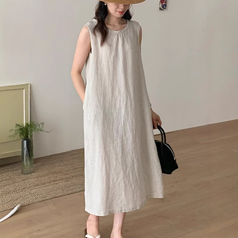 新品纯亚麻H型舒适宽松长裙子休闲无袖背心简约中长款百搭连衣裙
