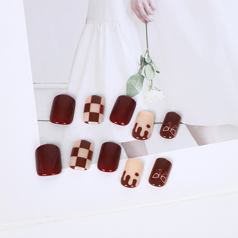 Checkered heart-shaped nail art mixed color printed false nail, colored stripe bow wearable nail, 24-piece finished nail details Picture