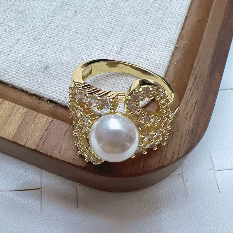 Korean high-end pearl ring, light luxury and niche design, geometric diamond-encrusted round bead, cold style open ring for women details Picture
