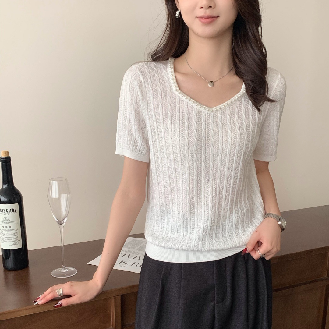 南油高端女装2026夏季新款珍珠装饰麻花纹针织短袖通勤气质上衣