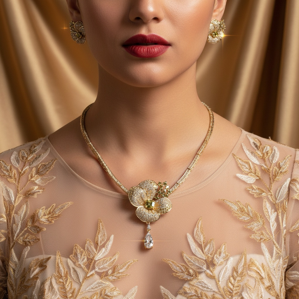 跨境高级感花朵水滴流苏项链耳环轻奢满锆双花甜美百搭珠宝首饰格蒂莎珠宝饰品LYTJ30526批发