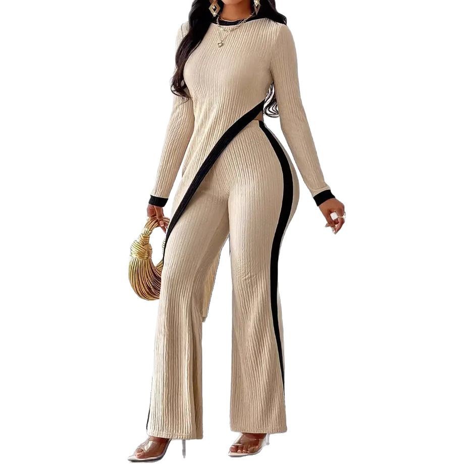 European and American cross-border 2025 Spring/Summer new women's fashion color-blocking long-sleeved side-slit T-shirt + patchwork long pants set Item Picture
