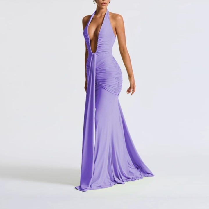 A new solid color elegant halter-neck deep V cinched-waist long dress for cross-border foreign trade, a sexy backless ribbon fishtail dress Specification drawing