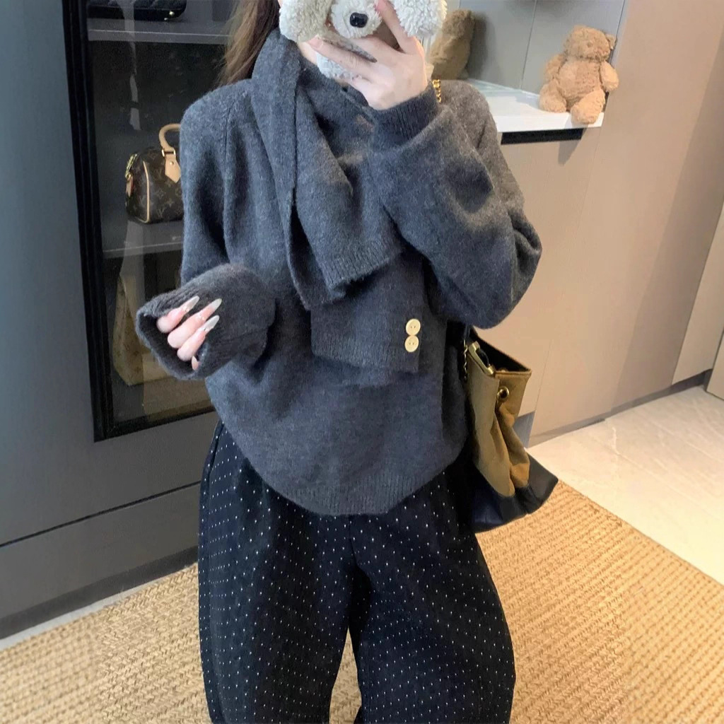 Dai Jiawen's new Korean-style round-neck versatile scarf, knitted sweater, loose long-sleeved top for women Application Scenario