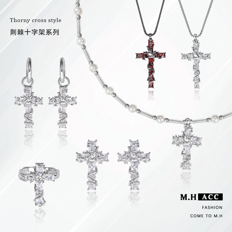 Sweet and cool, Thorn Cross series, unique personality, high-end, niche fashion necklaces, earrings and rings for women