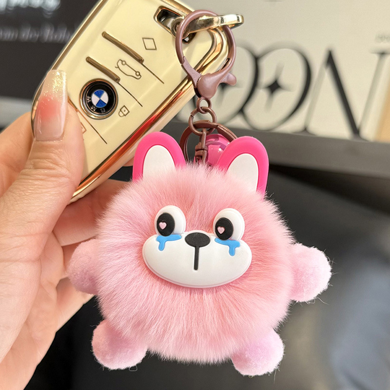 Cute imitation rex rabbit fur coal ball car keychain pendant, simple and girlish plush toy schoolbag hanging decoration gift Specification image