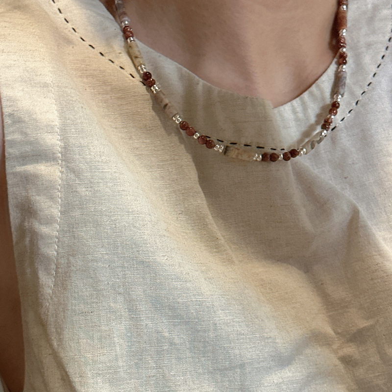 S925 Silver Korean Edition Niche Design Sense late autumn coffee-colored handcrafted necklace, Korean fashionable and individual Maillard necklace details Picture