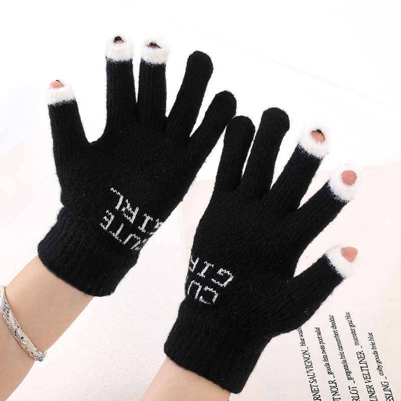 触屏保暖手套针织豆豆鱼全指漏指防寒保暖写字手套女冬季骑行手套细节图