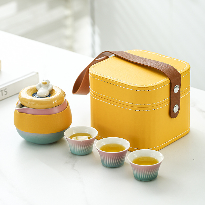 快乐鸭旅行茶具户外便携收纳包快客杯套装一壶三杯高颜值LOGO礼品