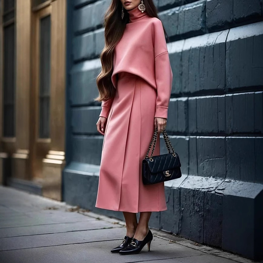 2025 European and American women's clothing Amazon solid-color long-sleeved high-neck top hoodie + long skirt elastic waist-cinching skirt Application Scenario