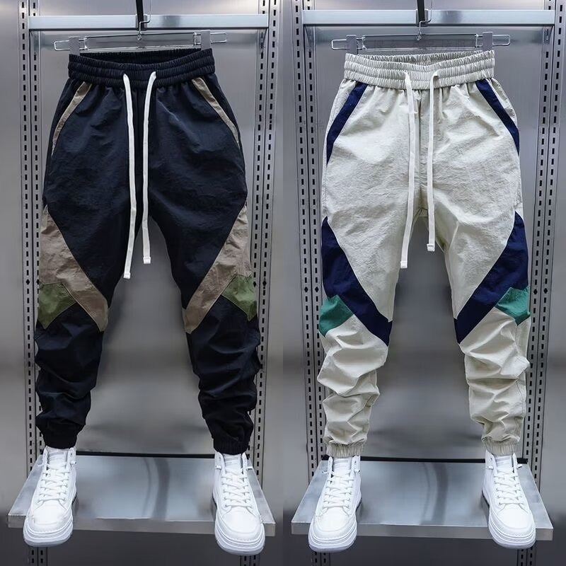 Men's summer thin color-blocked tight-fitting casual pants, elastic waist patchwork skinny pants, trendy new and fashionable Harem pants