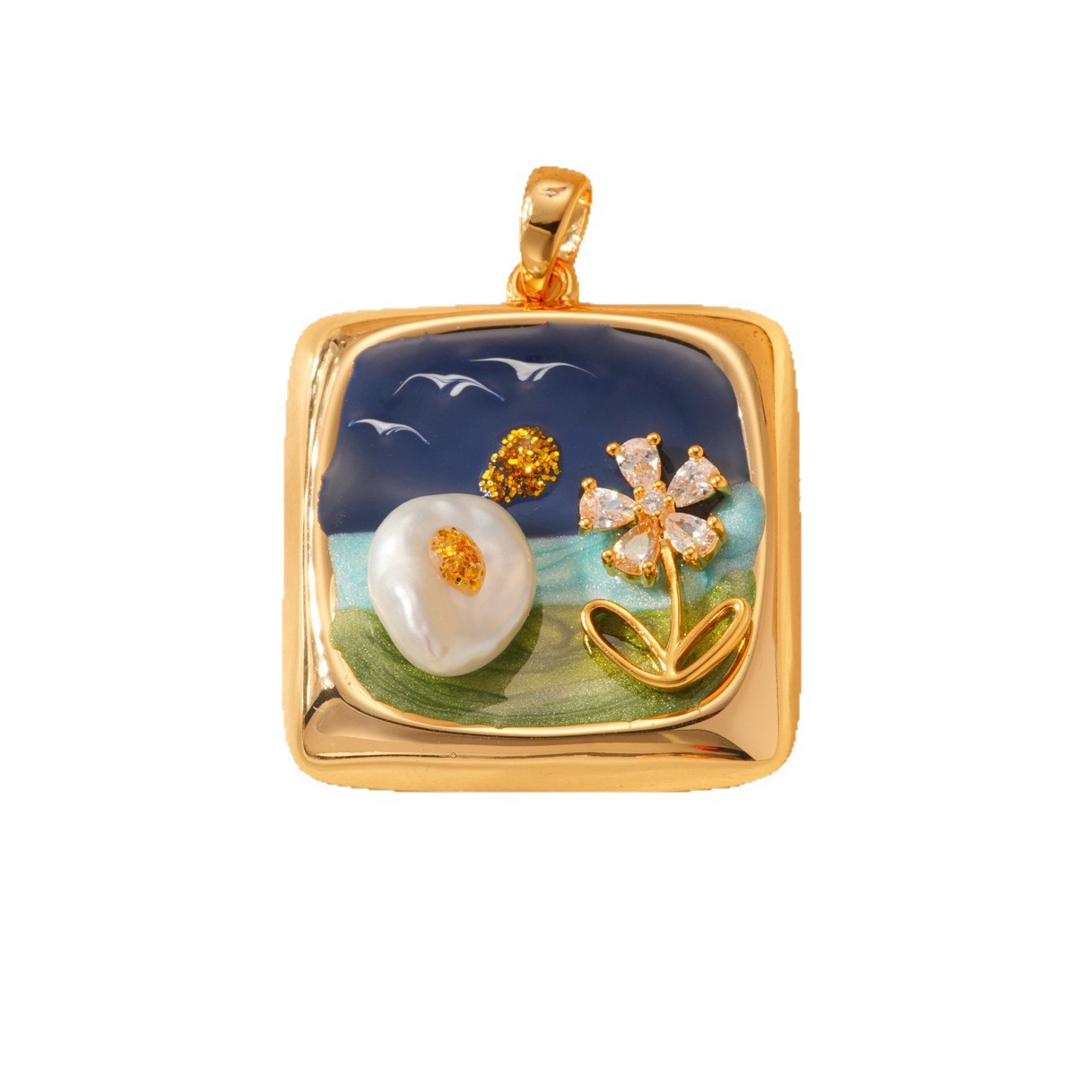 Pearl inlaid oil painting style square pendant, 18k copper gold-plated color retention high-end bracelet, necklace clasp DIY accessory Item Picture