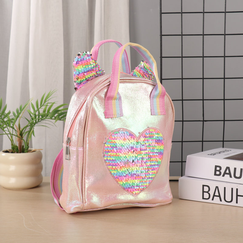 Rainbow sequined heart-shaped backpack for girls, sweet and cool dual-purpose schoolbag, gradient shoulder strap, portable trendy backpack, plush details Picture