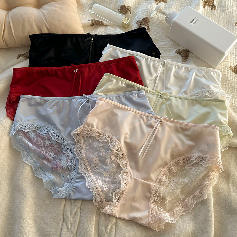 法式缎面蕾丝内裤女纯欲性感包臀舒适亲肤桑蚕丝内档三角裤少女in