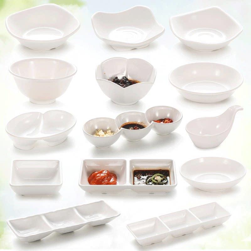 Melamine small saucers, plastic soy sauce saucers, round flavor saucers, two-compartment dipping saucers, hot pot seasoning dipping bowls, vinegar saucers, commercial Specification image