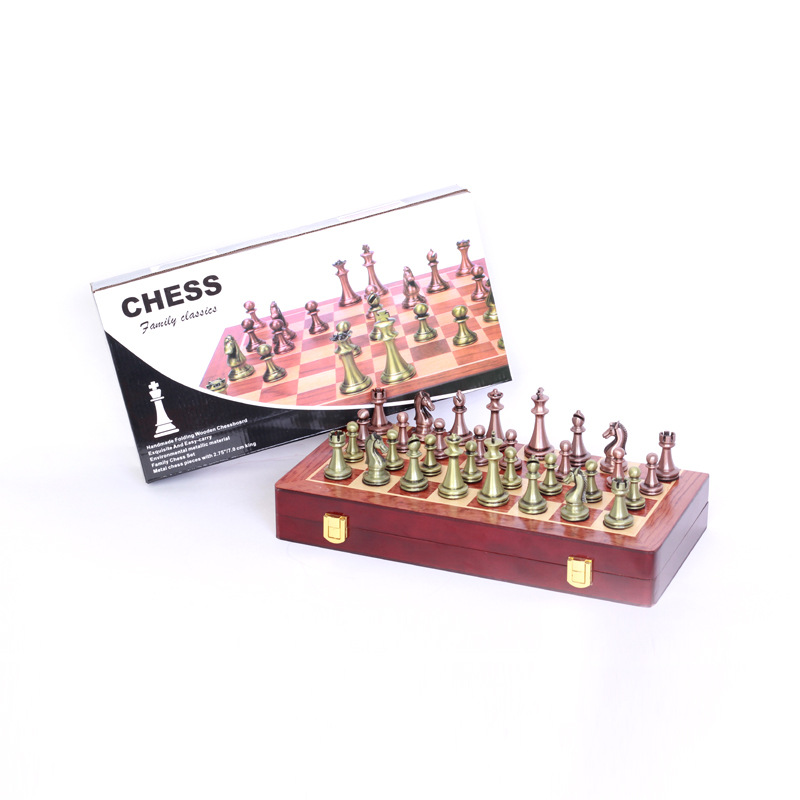 Metal chess set folding chessboard for beginners, adults and children, large bronze chess pieces, educational and portable Specification image