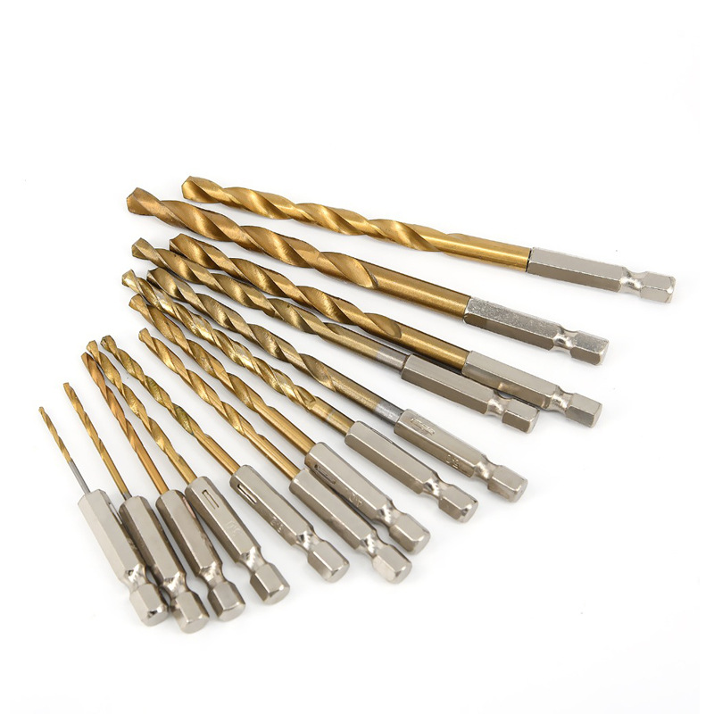 13pcs hexagonal handle twist drill, high-speed steel, electric drill, wood, plastic, titanium-coated twist drill set Specification drawing